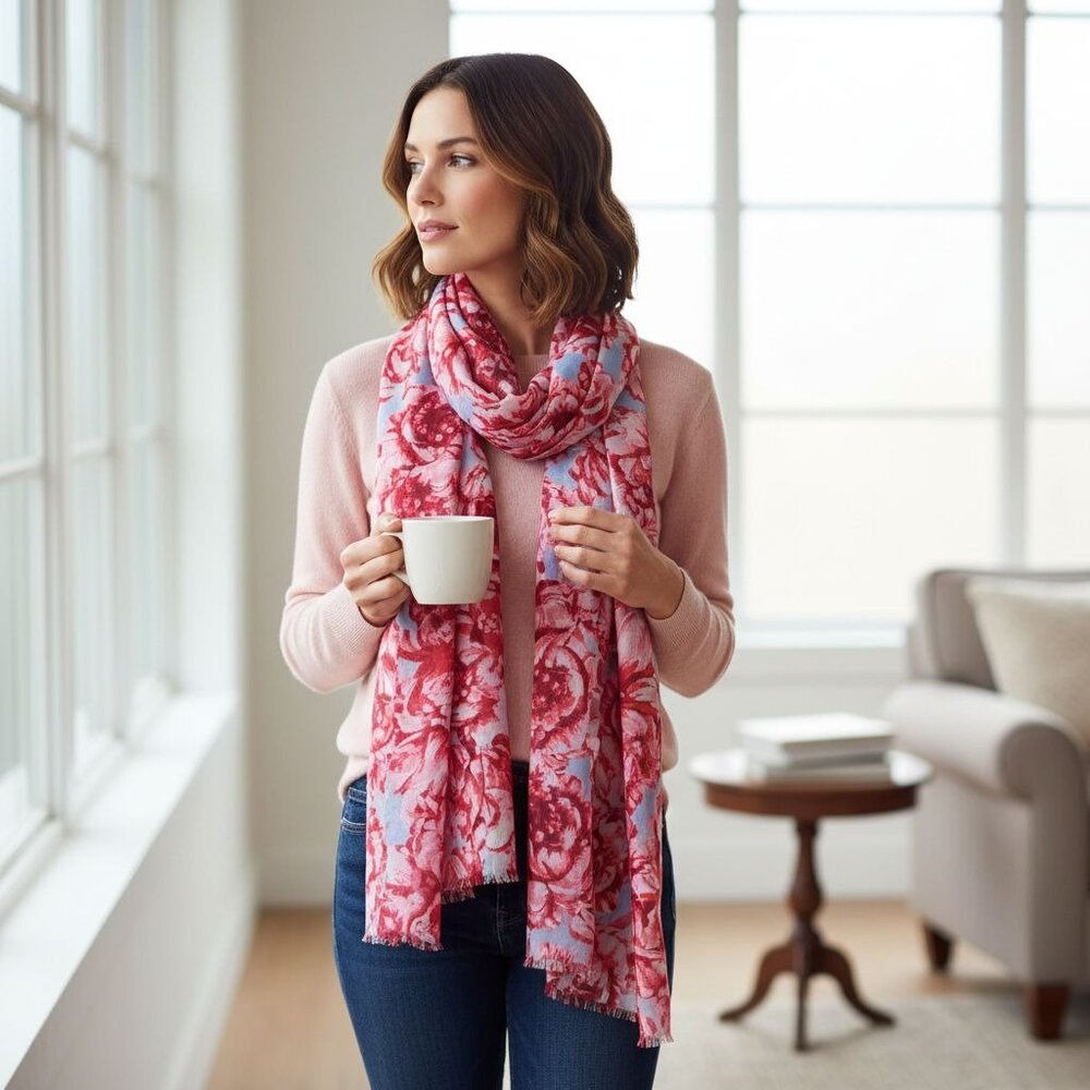 Floral Pattern Pink & Blue Lightweight Scarf Wrap For Women 72" Long x 26" Wide - Picture 16 of 16